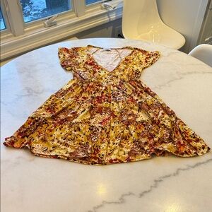 NWOT Urban Outfitters Yellow and Red Floral Mini  V neck elastic waist Dress